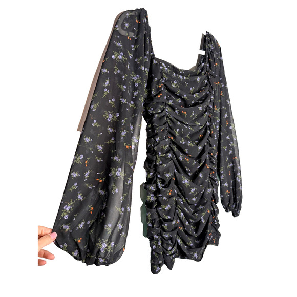 Ruched Sheer Black Floral Milkmaid Whimsigoth Dark Fairy Coquette Mini Dress M - Picture 5 of 10